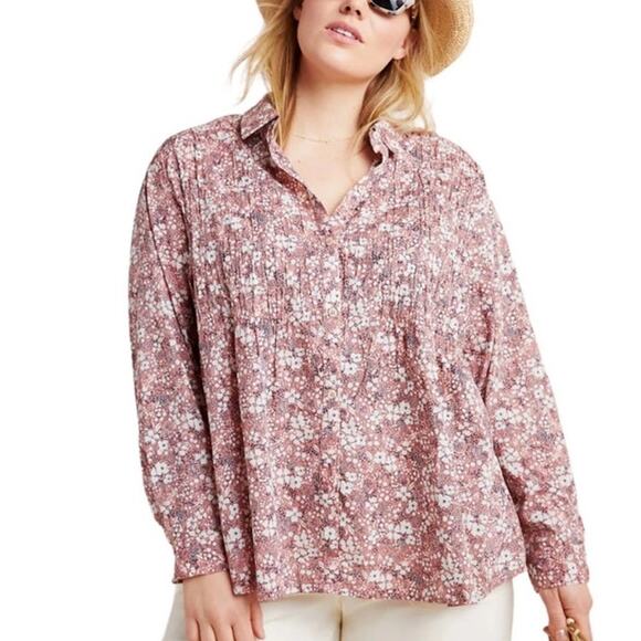 Pilcro by Anthropologie Pink Floral Smocked Button Down Cotton Shirt Women's XSP - Picture 1 of 7
